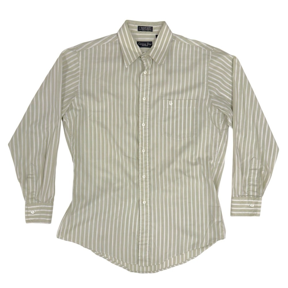 Vintage Christian Dior Monsieur Sz 15.5 (32-33) Green Striped Button Down Shirt